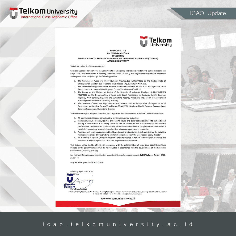 Rector’s Circular Letter concerning Large-scale Social Restrictions in Handling Covid-19 at Telkom University